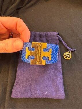 Tory Burch Royal Blue Leather Cuff with Gold Logo